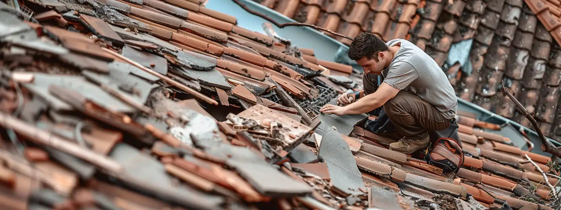 a roofer evaluating the extent of damage on roof tiles, with debris scattered around the work area.