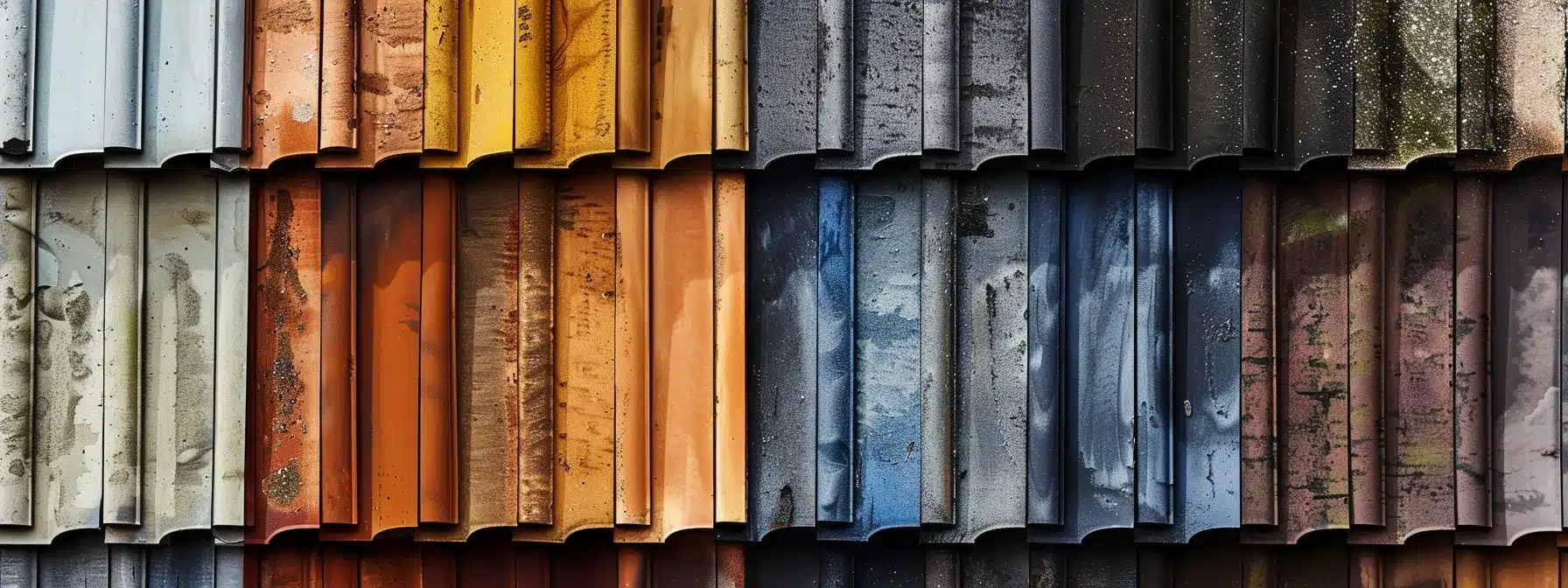 a variety of roofing color samples lined up in a row for selection.