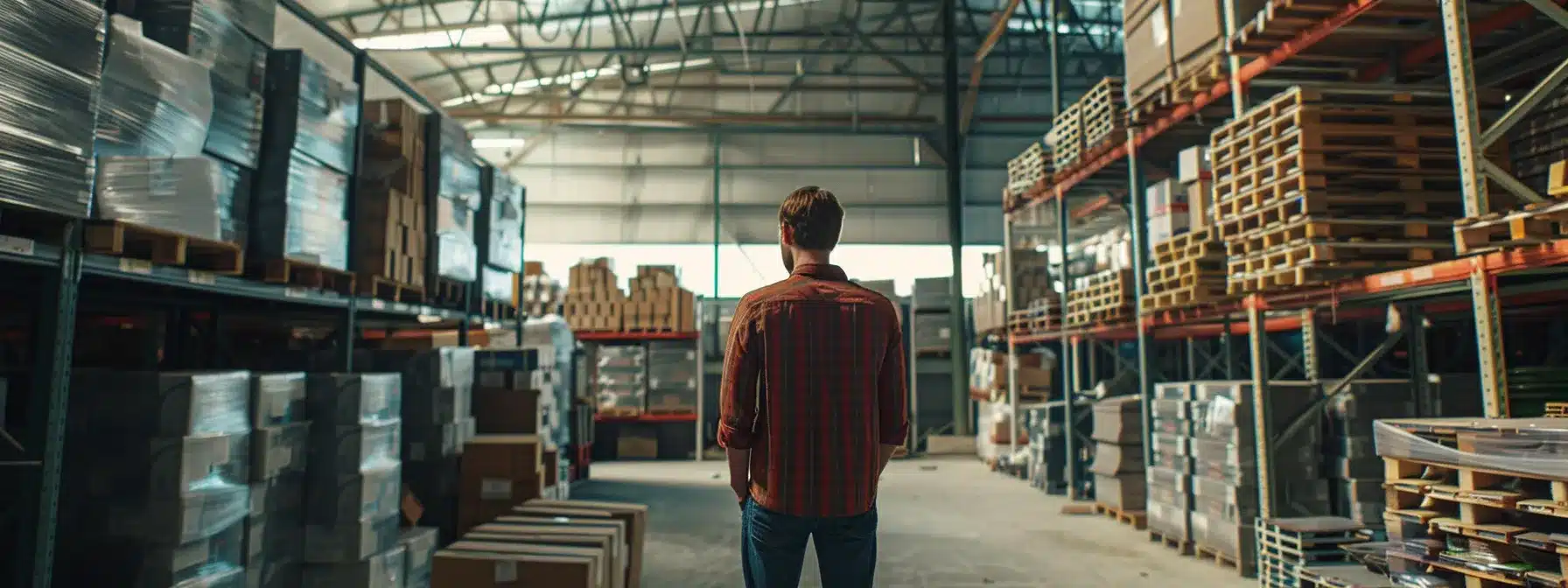 a homeowner carefully examining various roofing materials in a warehouse.