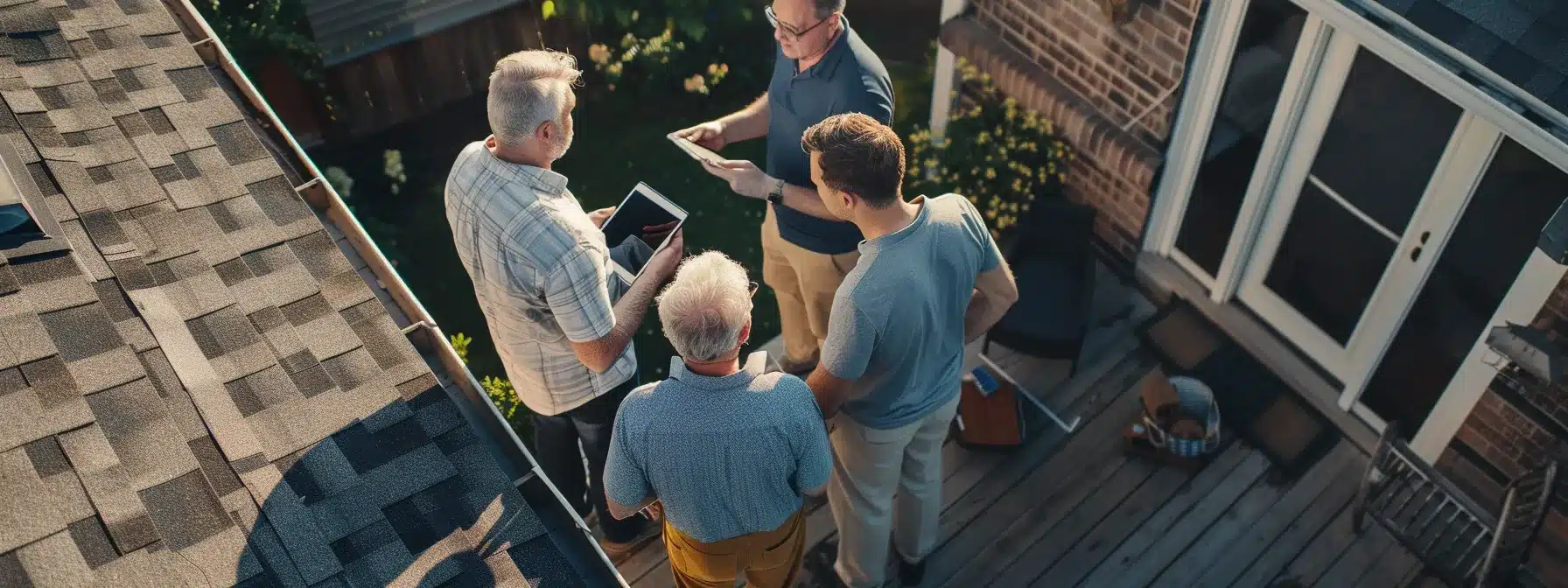 homeowners discussing roofing material options with a group of roofing professionals.