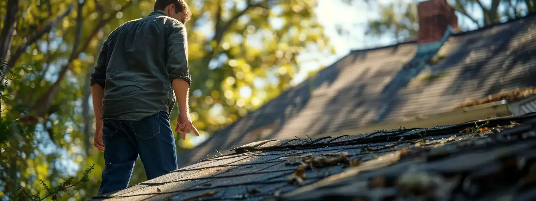 a homeowner inspecting the roof for cracked shingles and debris buildup.