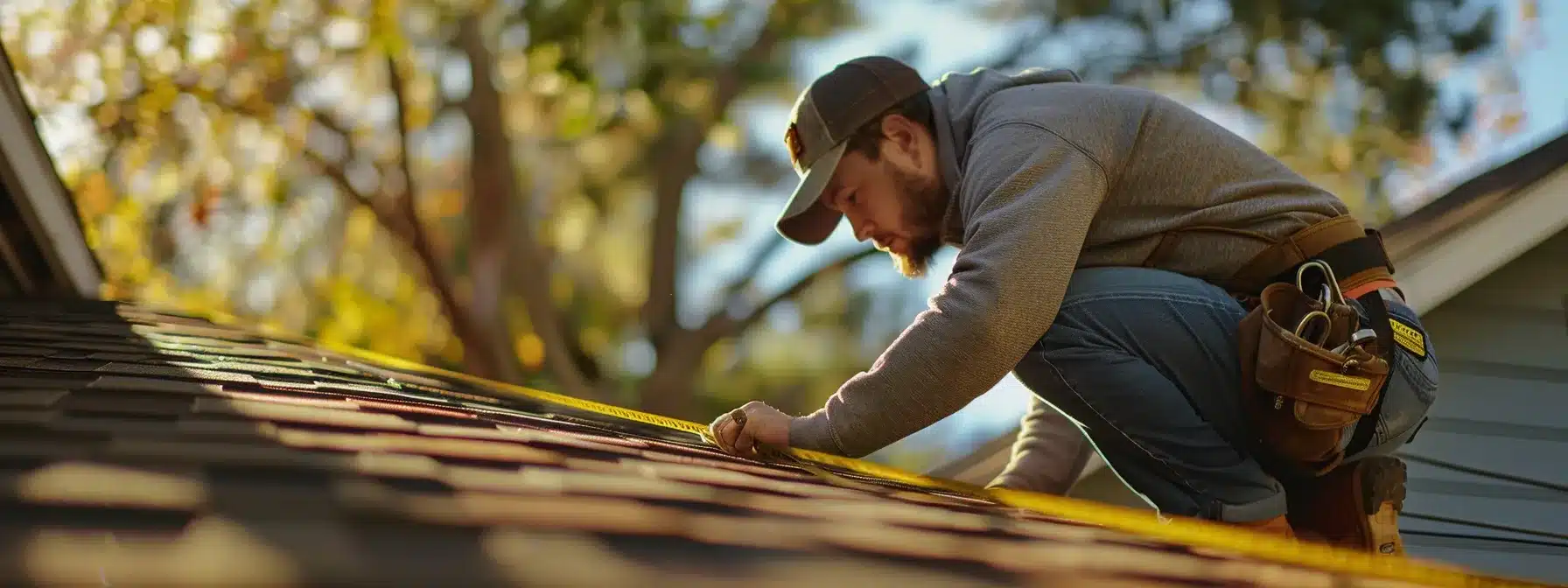 a roofer measuring the size of a roof with a tape measure.