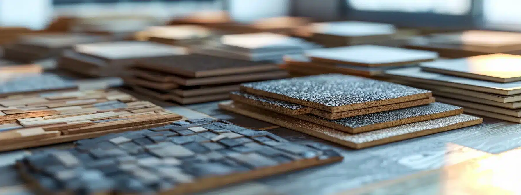 a variety of different roofing material samples displayed on a table for comparison.