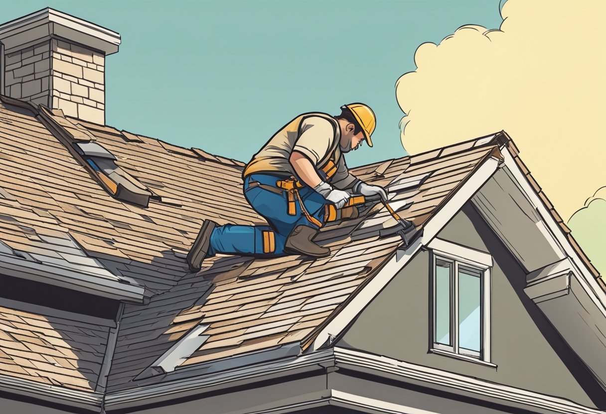 A roofer repairing a damaged section of a shingled roof on a sunny day in Austin, Texas