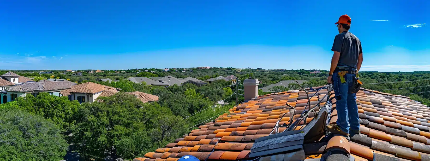 a professional roofer carefully examining a clay tile roof in austin under the sunny blue sky.