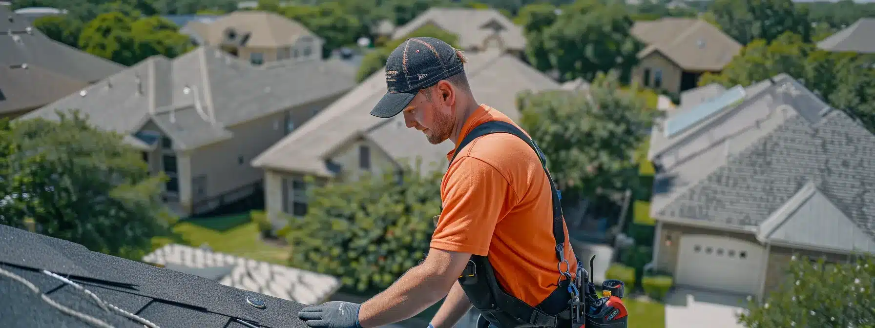 a professional roofer carefully measuring a roof while transparently explaining the cost breakdown to a homeowner in austin.