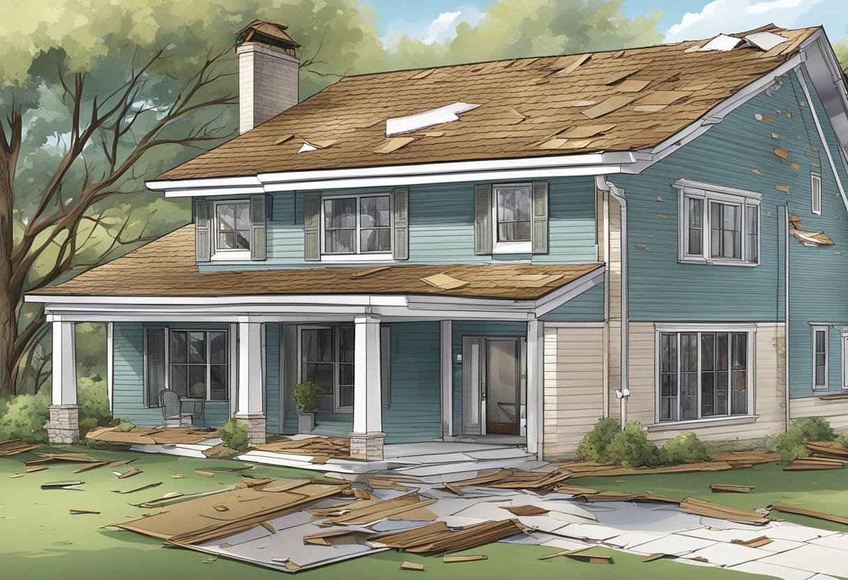 A damaged roof with missing shingles, water stains on ceiling, and debris scattered around the exterior of the house
