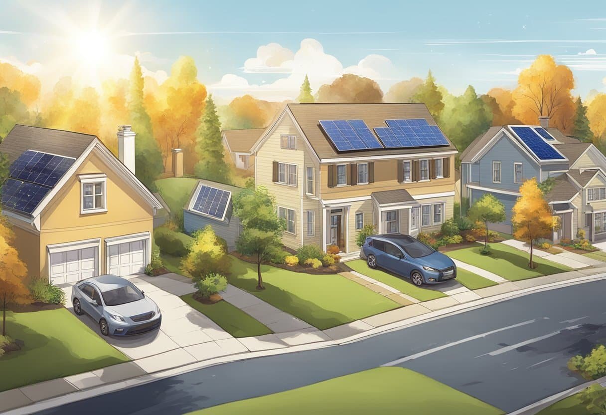 The sun shines down on a suburban neighborhood, with some houses adorned with solar panels on their rooftops. Nearby, a power meter spins backwards, illustrating the potential cost savings of solar energy