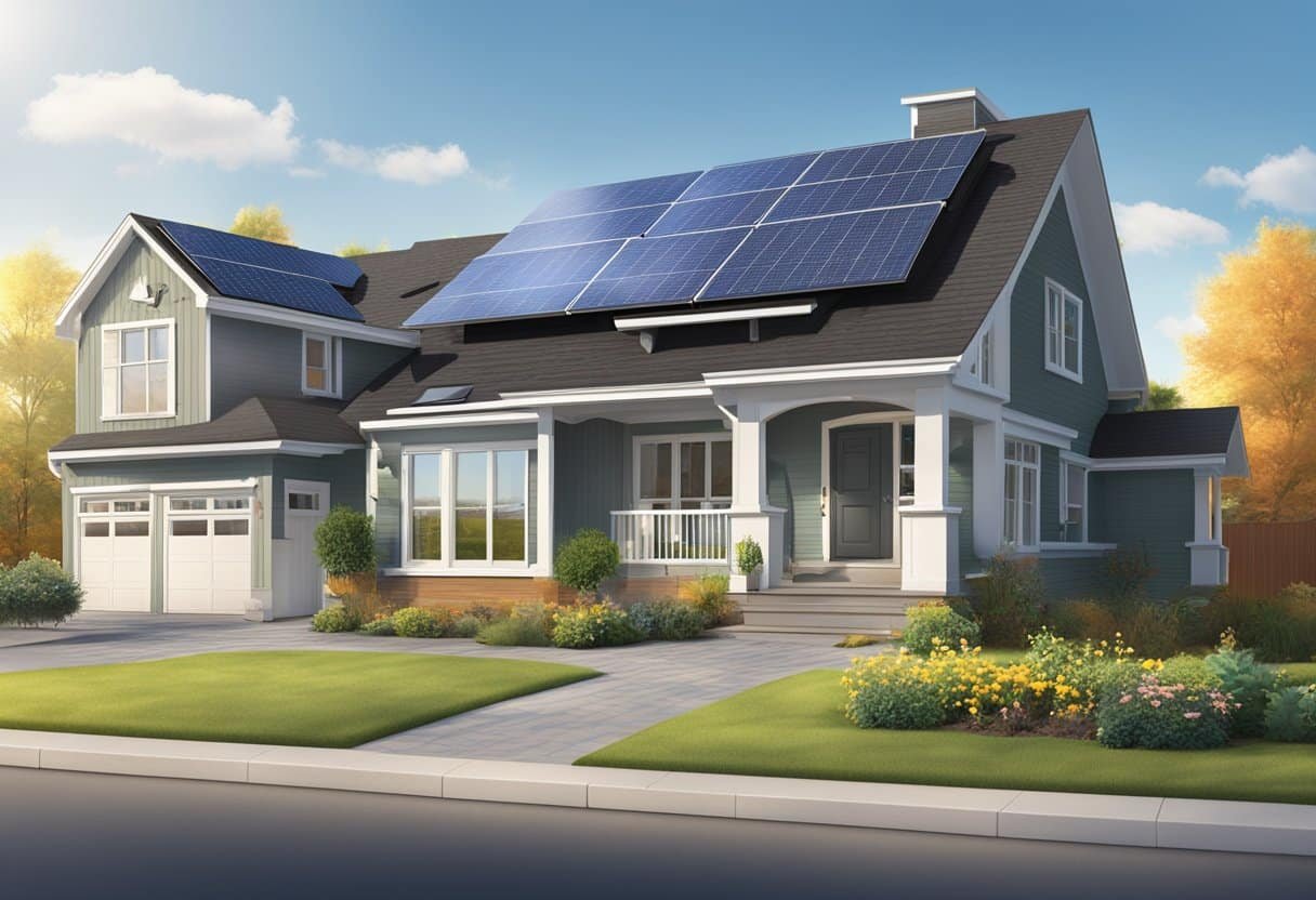 A suburban home with various solar panel options installed on the roof, including traditional panels and newer innovative designs. The sun is shining brightly, showcasing the potential for renewable energy