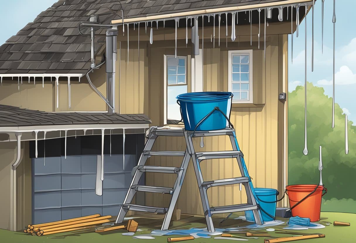 A ladder, hammer, nails, shingles, and a bucket sit next to a leaking roof. Water drips steadily from the damaged area