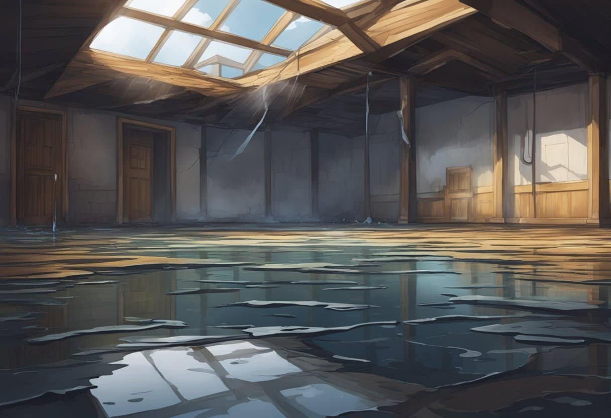 A dilapidated roof with water dripping through cracks, creating puddles on the floor below