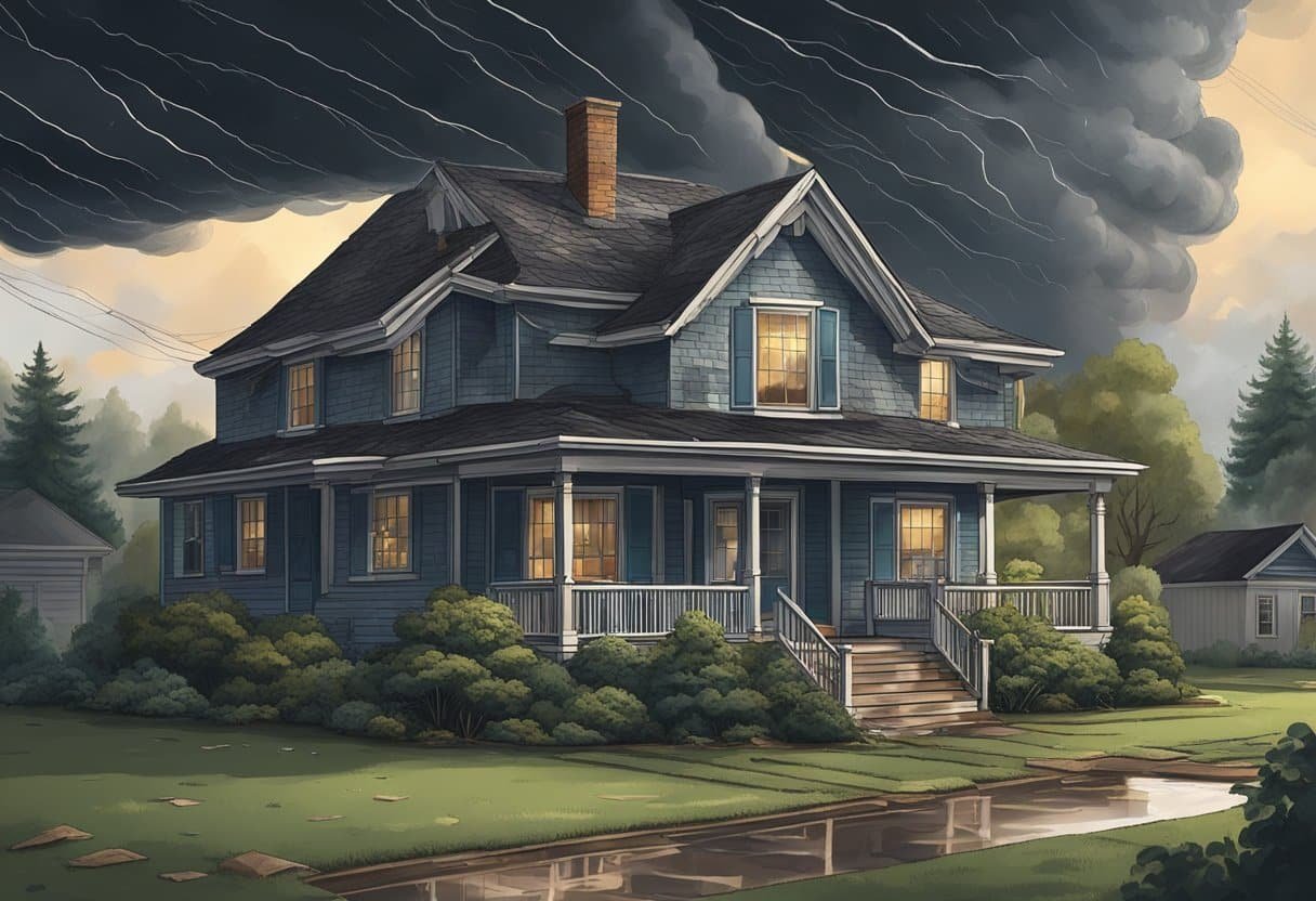 A dark storm cloud looms over a house with missing shingles and water stains on the ceiling. Trees bend in the wind, and debris litters the yard