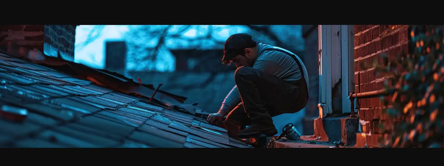 a skilled roofer in memphis swiftly repairing a damaged roof with specialized tools, ensuring quality and safety.