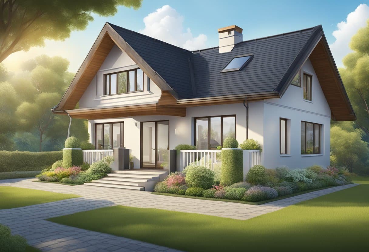 A house with a sturdy roof under a clear sky, surrounded by trees and a well-maintained garden. A warranty document and a happy homeowner in the background