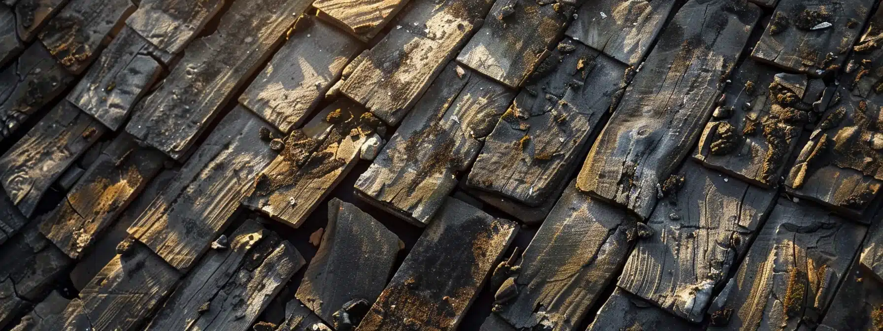 a detailed overhead view of a weathered roof showcasing various vulnerabilities, with sunlight highlighting patches of damage and wear, emphasizing the critical need for a thorough waterproofing assessment.