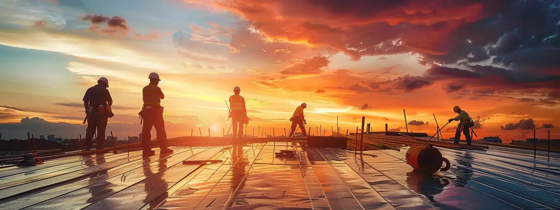 a meticulously arranged flat roof installation site at sunrise, showcasing workers collaborating under a vibrant sky, with tools and materials neatly organized, reflecting a professional and efficient atmosphere.