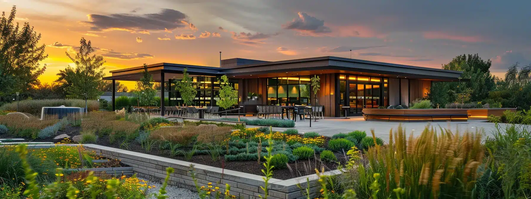 a modern commercial building featuring a sleek flat roof adorned with a lush green garden and stylish outdoor living spaces, illuminated by soft afternoon sunlight, showcasing innovative architectural trends.