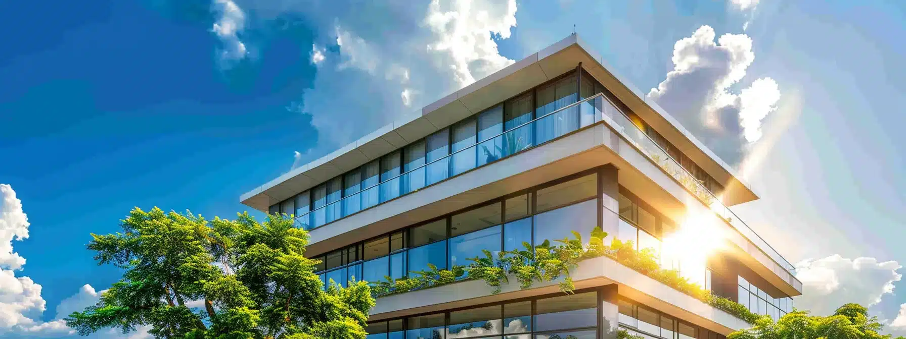 a modern commercial building with a sleek flat roof glistening under a bright blue sky, showcasing its durability and aesthetic appeal while surrounded by lush greenery, symbolizing the practical benefits of flat roofing systems.