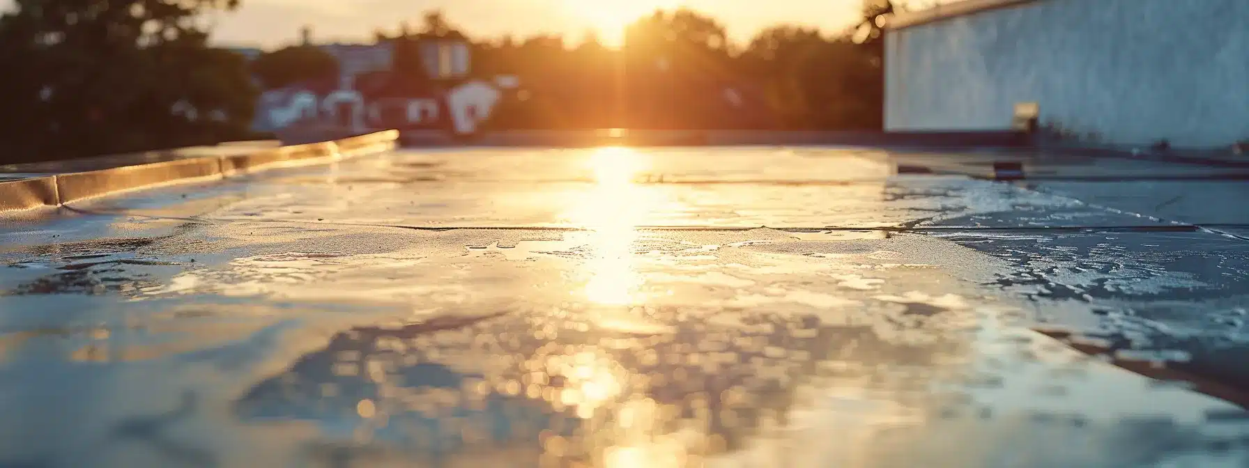 a pristine roof surface, meticulously cleaned and prepared, glistens under soft sunlight, showcasing smooth areas ready for waterproofing, with tools and materials subtly placed nearby to emphasize the preparation process.