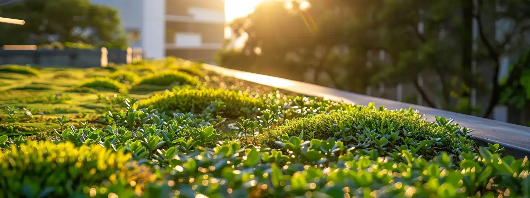 a pristine rooftop glistens under bright sunlight, showcasing a vibrant green roof with flourishing plants, emphasizing the significance of effective waterproofing in maintaining structural integrity and enhancing sustainability.