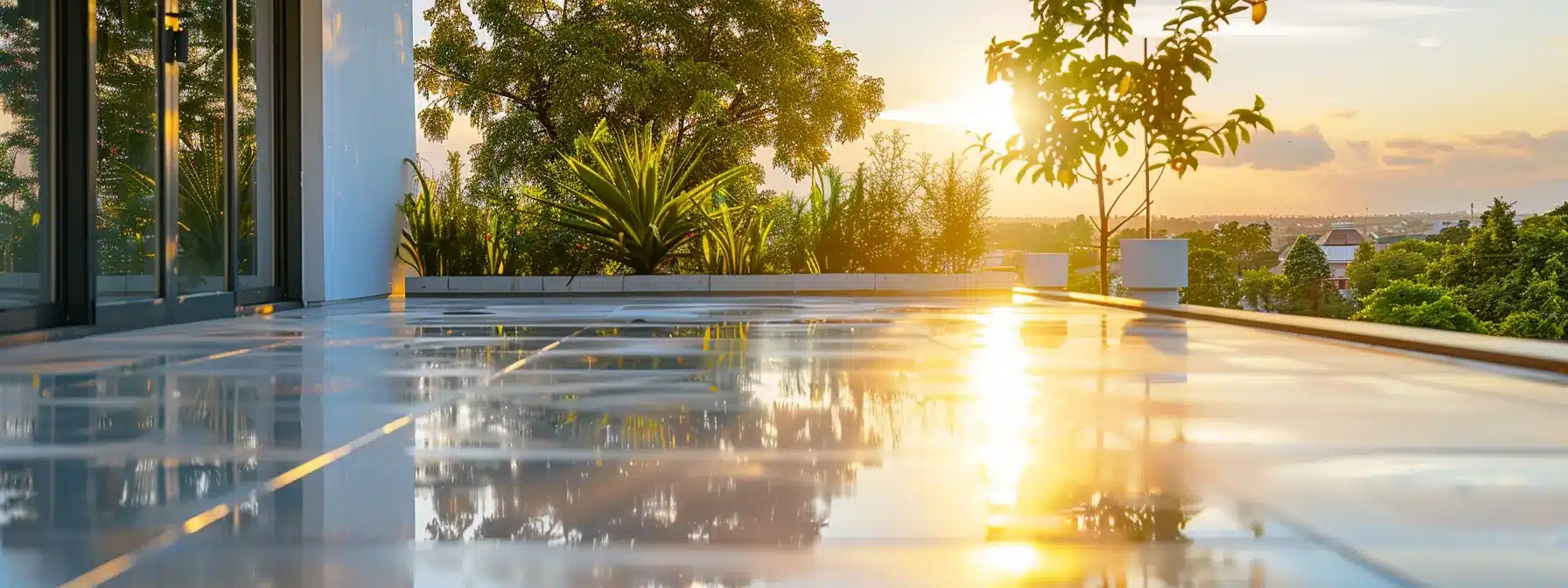 a pristine, sunlit rooftop adorned with a shimmering waterproof membrane, surrounded by lush greenery and clear blue skies, symbolizes the vital importance of roof maintenance for long-lasting protection.