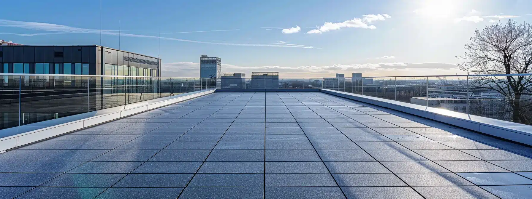 a sleek, modern flat roof glistens under the bright sun, symbolizing cost-effective investment and sustainable business solutions amidst a vibrant urban skyline.