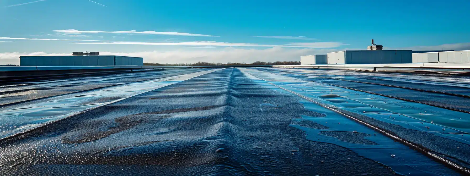 a vivid rooftop landscape showcases various waterproofing techniques in action, highlighting the sleek finish of liquid membranes and the robust texture of asphalt-based solutions under a brilliant blue sky.
