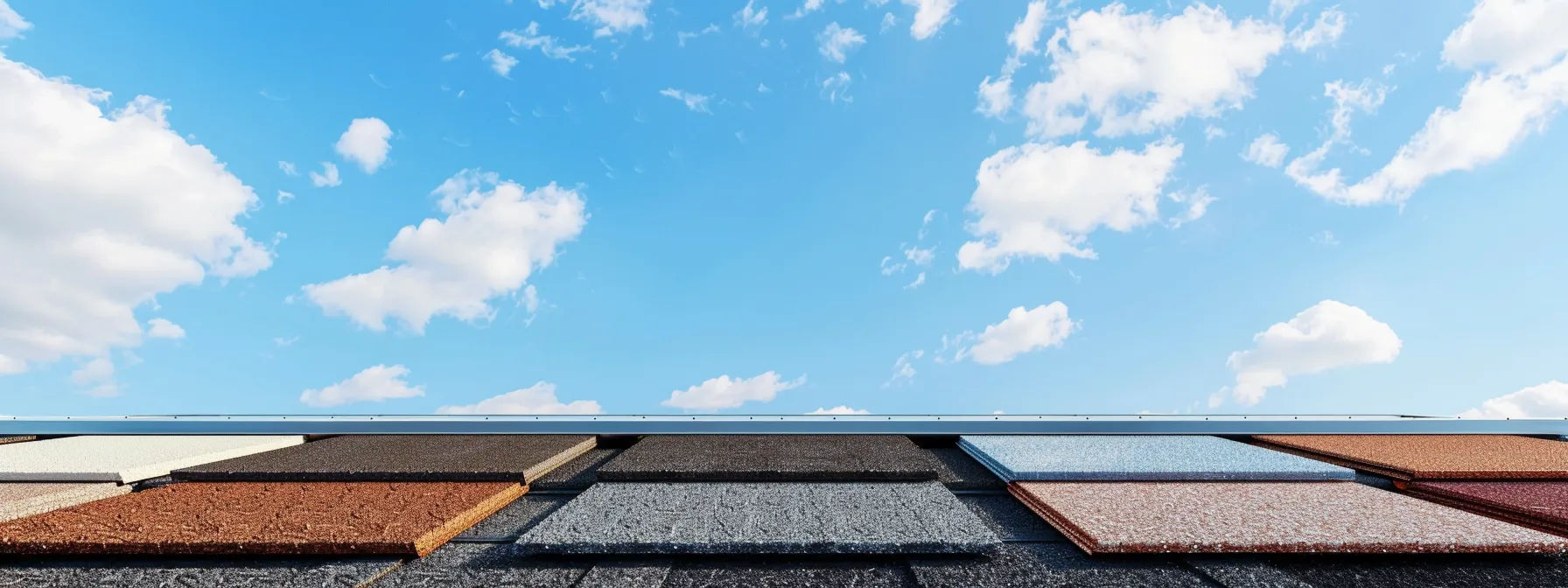 a panoramic view of a variety of flat roof materials displayed side by side under a bright, clear sky, showcasing their textures and colors to highlight durability and weather resistance.