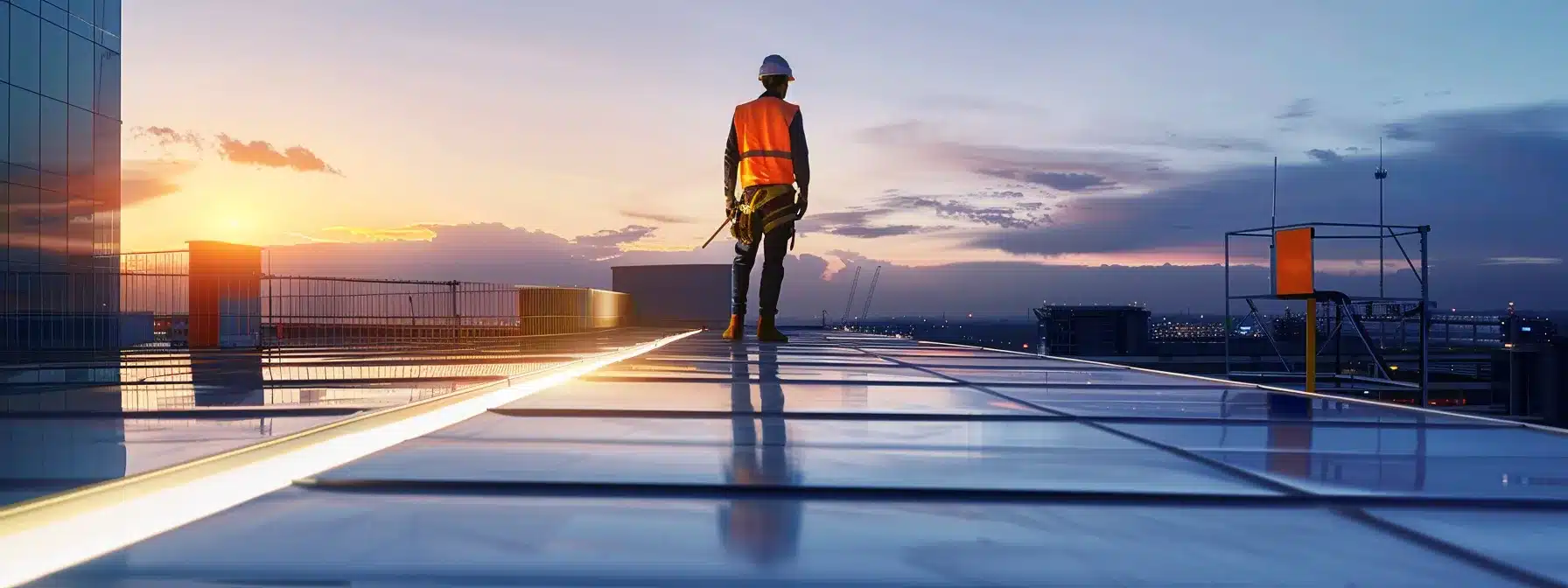 a confident roofing contractor inspects a meticulously installed cool roof on a modern commercial building, surrounded by safety equipment and vibrant signage emphasizing compliance and safety standards under bright, artificial lights.