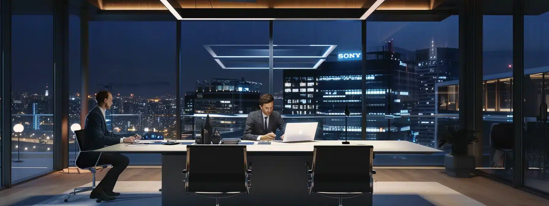 a modern office setting with a professional consultant engaging with a client over a sleek desk, showcasing a digital tablet displaying roofing estimates, illuminated by bright, focused lighting that emphasizes clarity and professionalism in a bustling urban environment.