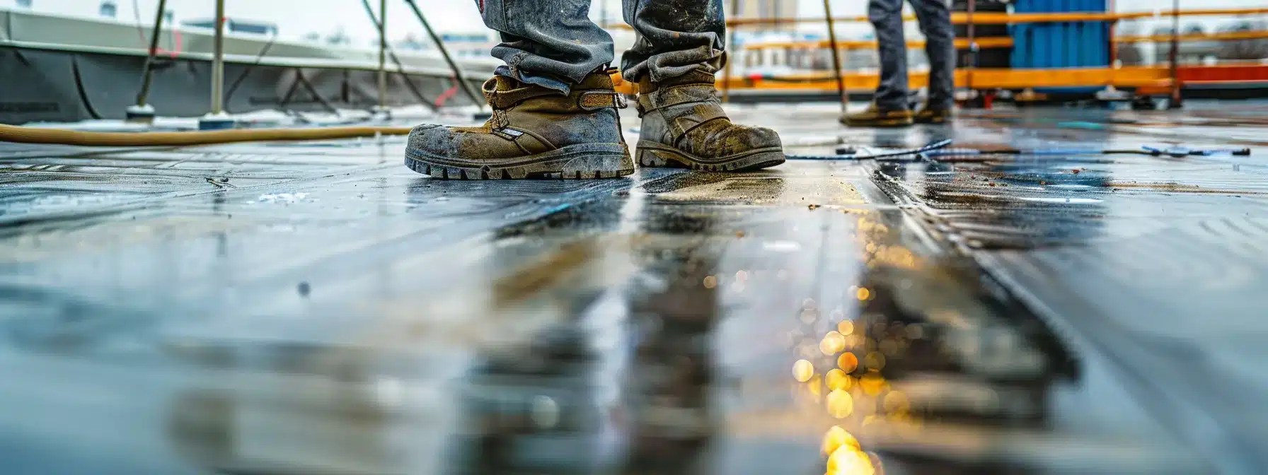 a skilled roofer meticulously examines a flat roof in a bustling urban setting, showcasing various roofing materials and tools, with a clear focus on professional techniques and customer engagement.