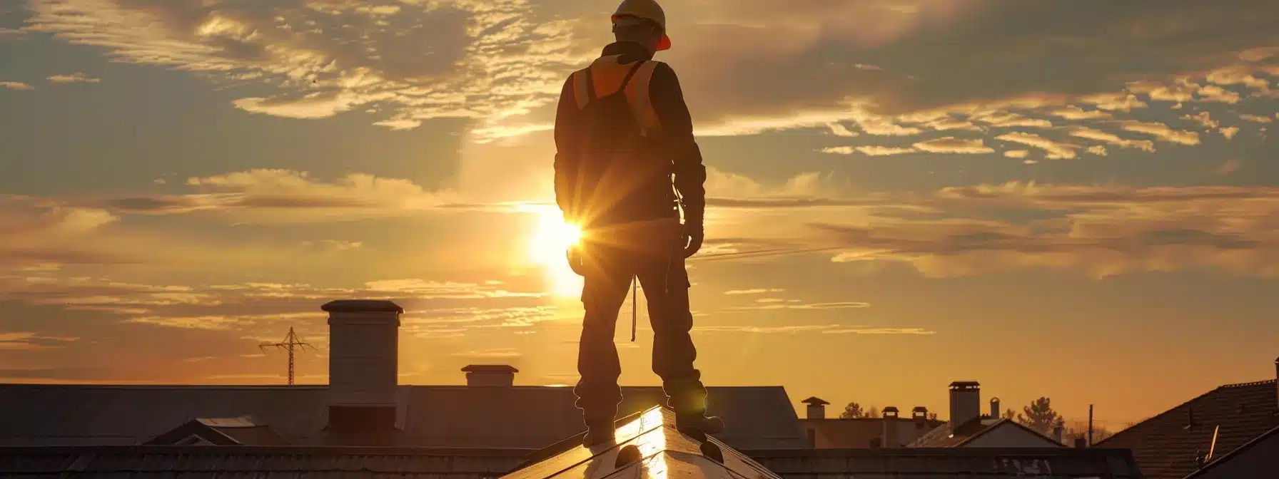 a skilled roofer meticulously inspects a well-crafted rooftop under the bright glow of an overhead work light, showcasing the precision and durability of high-quality materials in a modern residential setting.