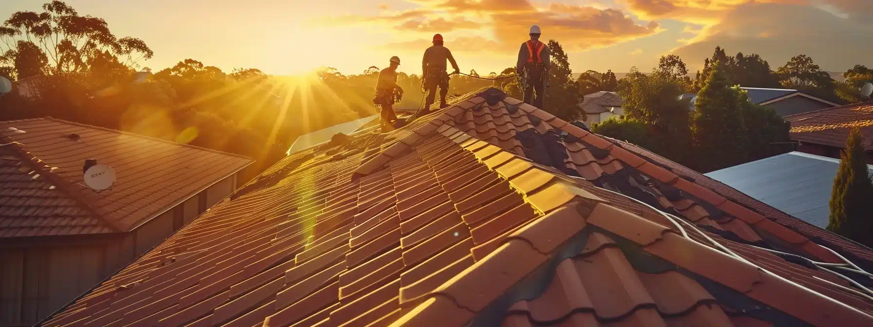 a skilled roofing team executes a meticulous installation of a stylish clay roof on a contemporary urban home, showcasing their expertise and attention to detail under bright, focused indoor lighting.