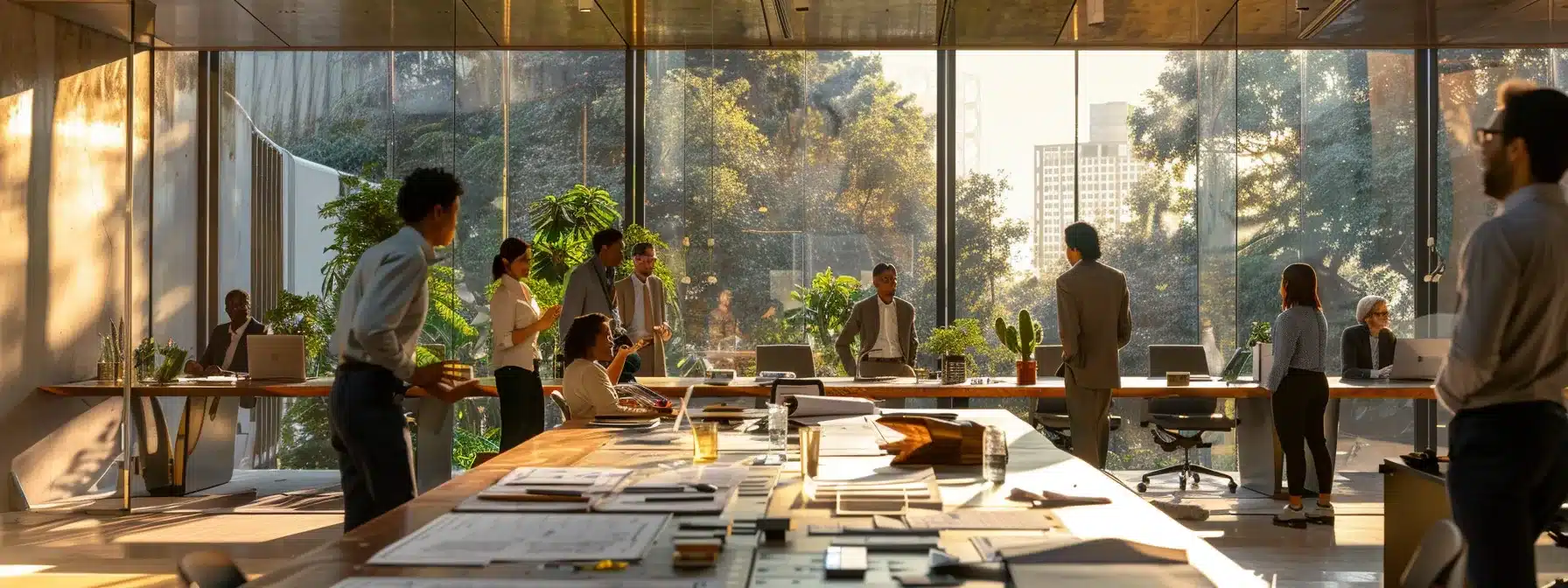 a sleek, modern office interior featuring a group of diverse professionals engaged in a dynamic discussion around a table, with blueprints of roofing designs and pricing charts prominently displayed, highlighting the theme of affordable roofing service options.