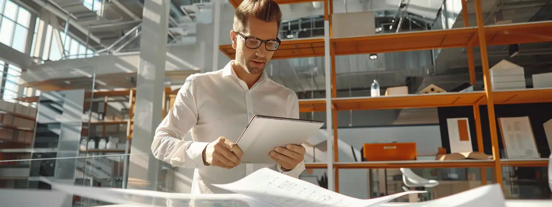 a sleek, modern office interior showcases a confident roofing expert discussing innovative roofing solutions detailed on a high-tech tablet, surrounded by a backdrop of architectural plans and a display of roofing materials.